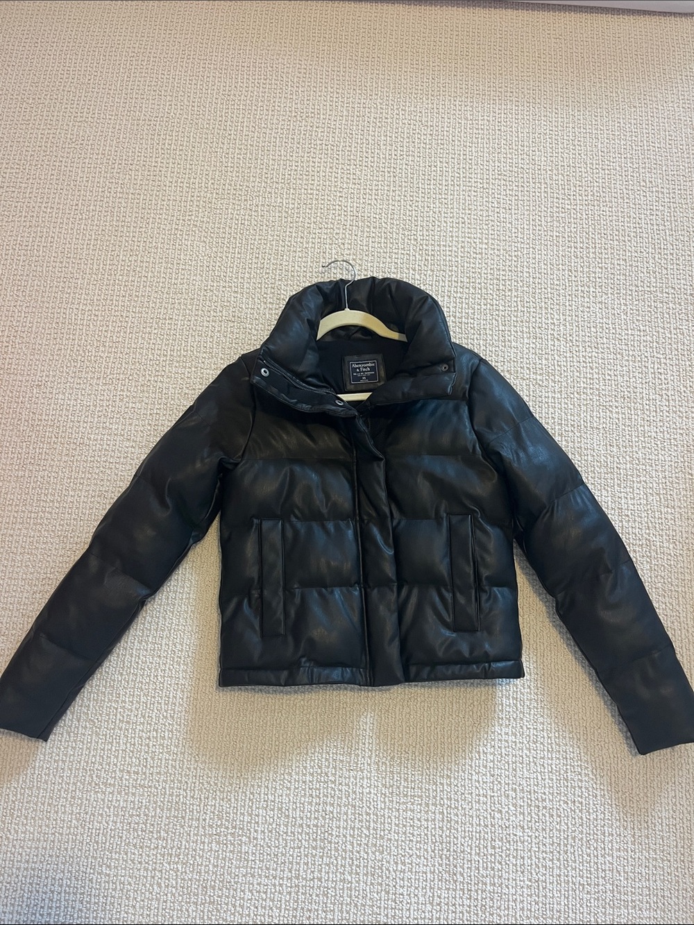 Abercrombie & Fitch Black faux leather  Puffer Jacket with High Collar